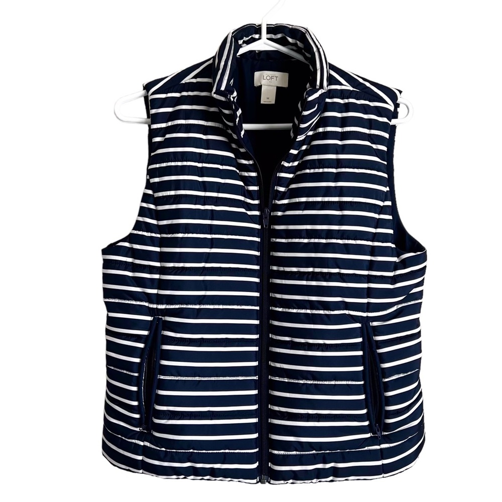 LOFT Puffer Vest Navy Blue White Stripe Nautical Preppy Neutral Coastal Small